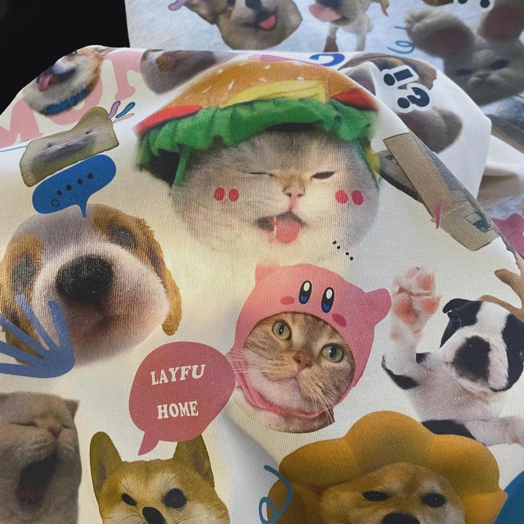 Women's Cute Cartoon Cat & Dog Print American Style Cotton T-Shirt - Short Sleeve, Round Neck, Loose Fit