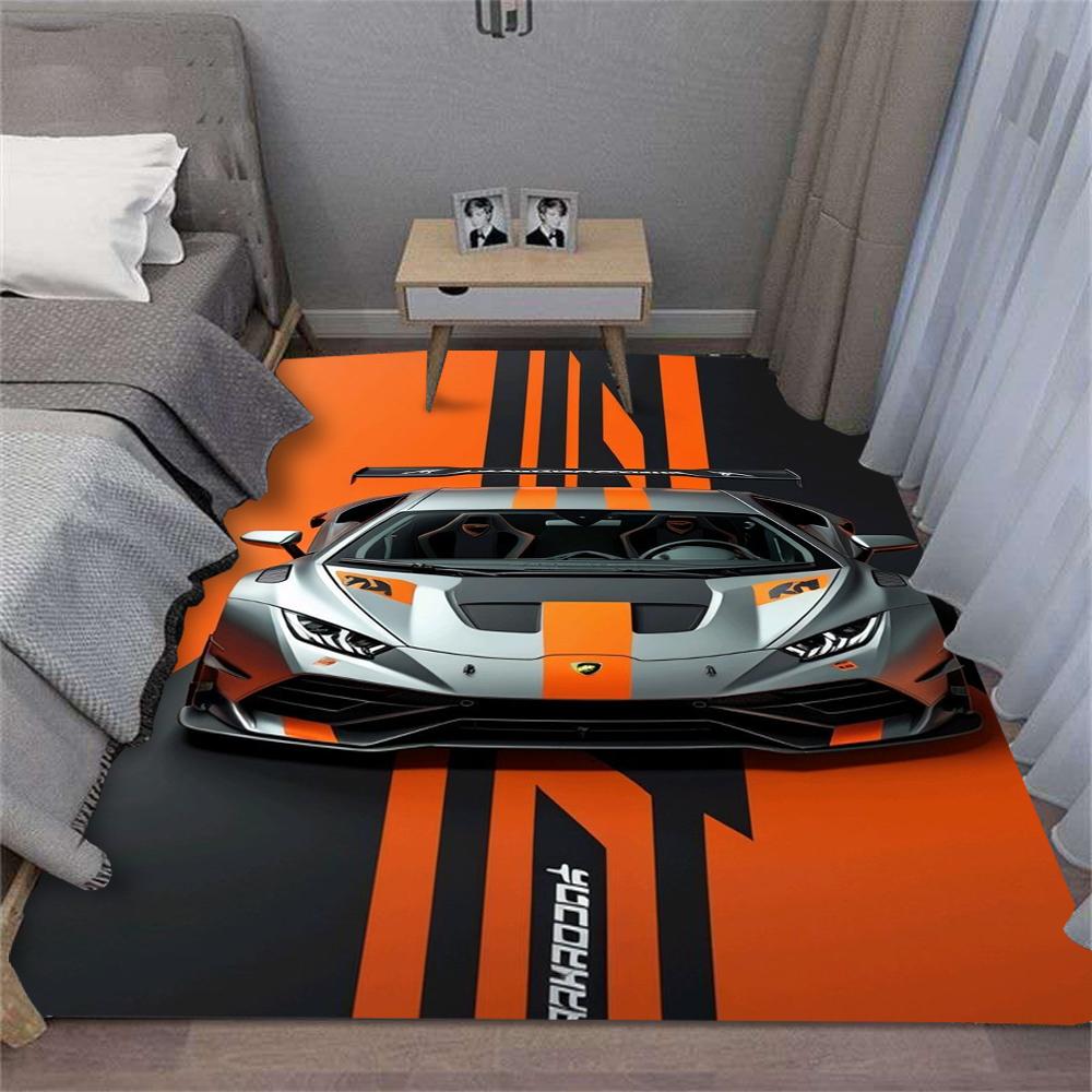 Turuncu Yarış Arabası Halısı Spor Araç Tasarımı Dinamik Desen Geniş Alan Halısı Yatak Odası Oturma Odası Zemin Matı