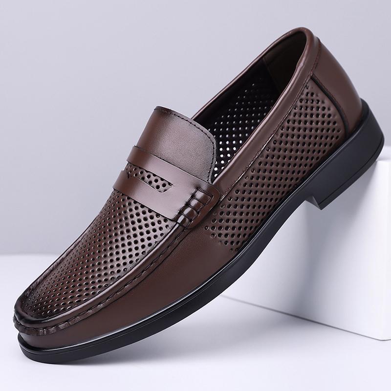 Fashion Brand Comfortable Round Toe Business Casual Leather Shoes Summer New Men Top Layer Cowhide Hollow Breathable Bean Shoes