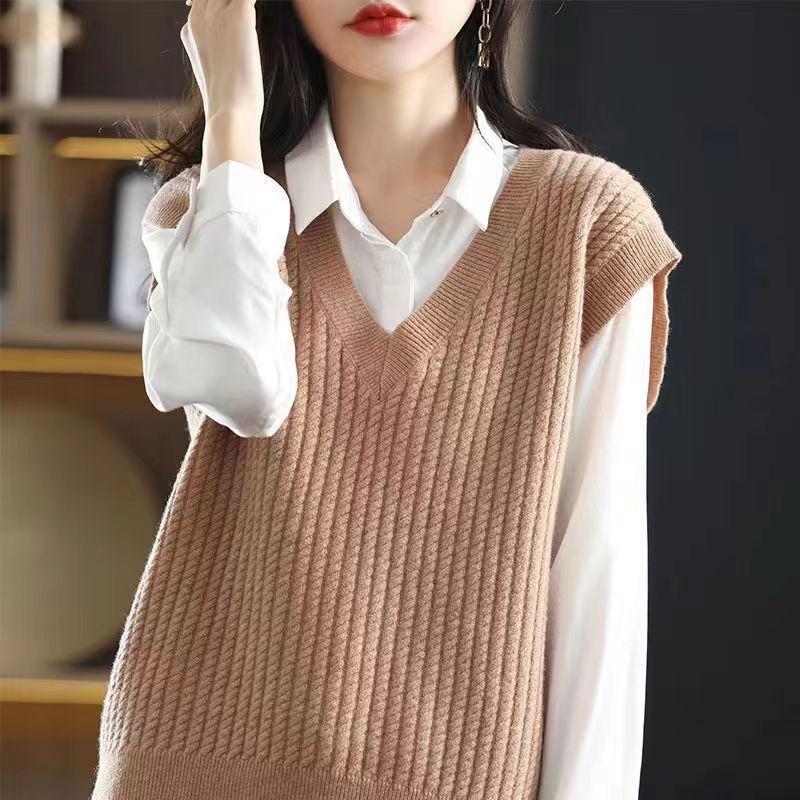 VEZFAA Pulls à col en V sans manches à imprimé couleur unie pour femme, mode décontractée, automne hiver