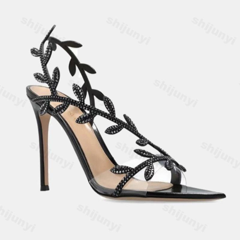 

Fashion Pointed Rhinestone Leaf Design Thin Heel Sandals 2025 Summer New Style Women s Stylish Elegant Comfortable Breathable High Heels 35 чёрный