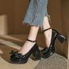 Bow Mary Jane Shoes Women's Round Head 2025 New Thick Heel Thick Sole Japanese Small One-word Buckle with High Heels
