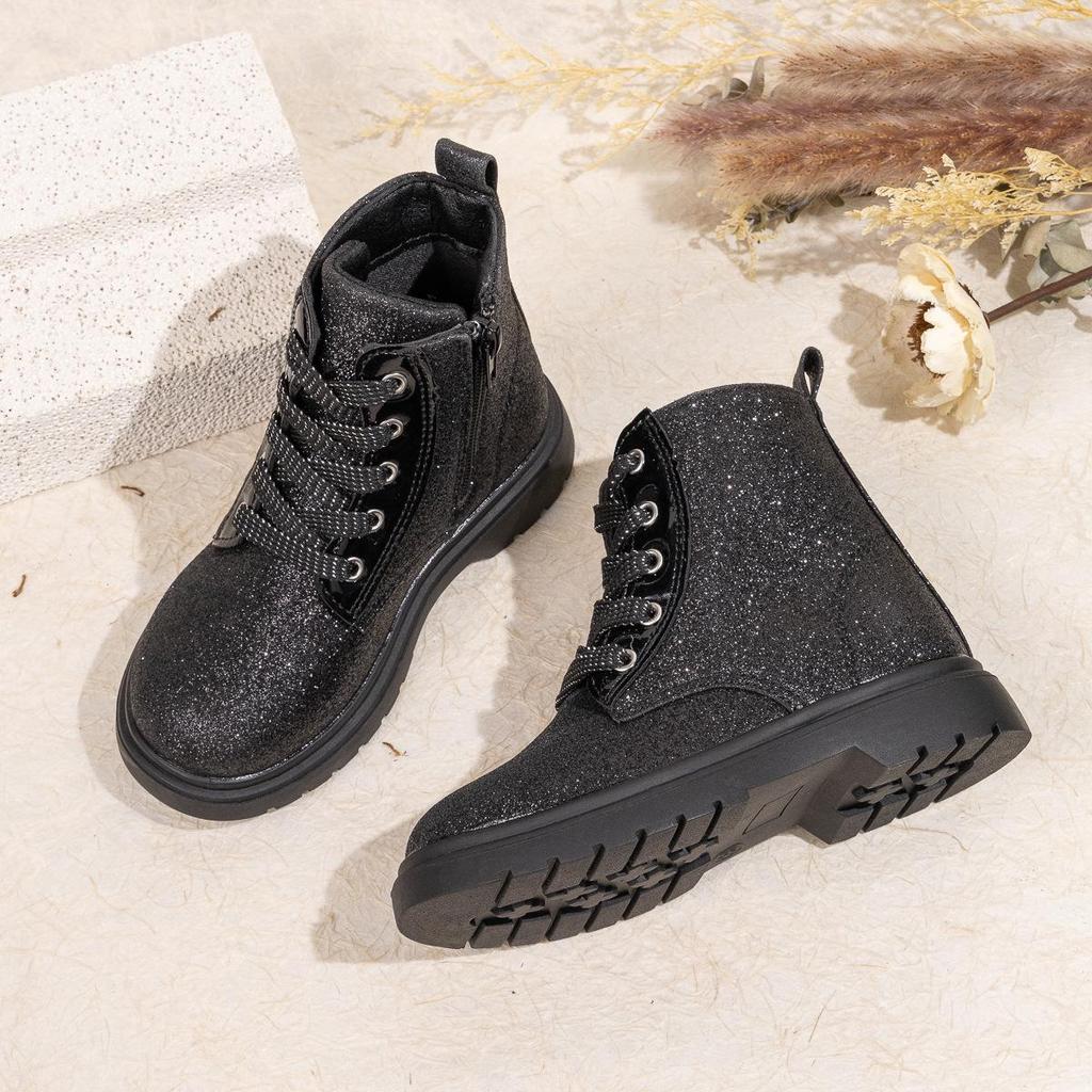 Children's Black Winter Mid-Calf Boots with Thick Sole and Side Zipper