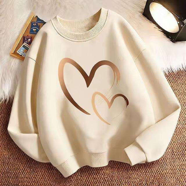 Chic Heart Print Girl's Pullover Sweatshirt - Spring O-neck Hoodie