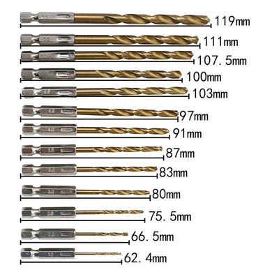13PCS/SET 1.5-6.5MM HSS High Speed Steel for Titanium Coated 1/4 Hex Shank Drill