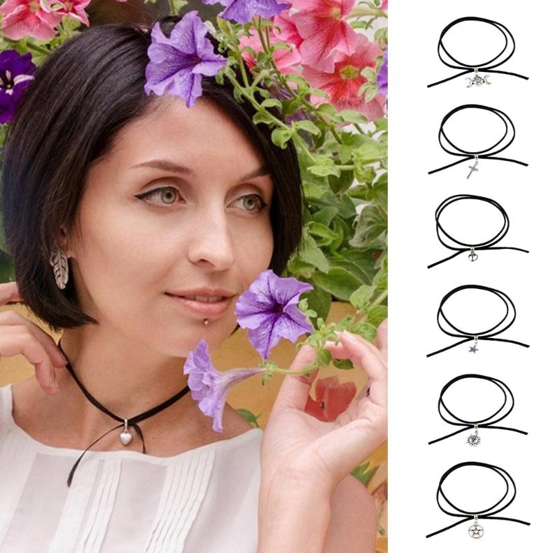 Gothic Black Long Necklace Velvet-Rope Heart Star Sun-Moon Pendant Choker Clavicle Chain Y2k Jewelry Women Girl Teen