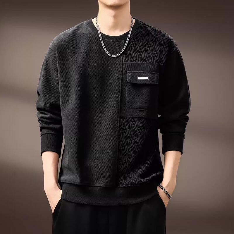 Men's American Retro Brushed Jacquard Patchwork Round Neck Sweatshirt