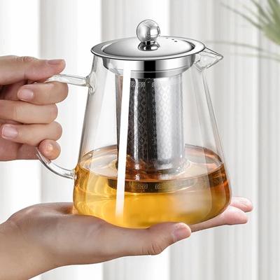 Tekanna i värmebeständigt glas med hög borosilikat, stor kapacitet, transparent, teinsats i rostfritt stål, tekanna, tegods