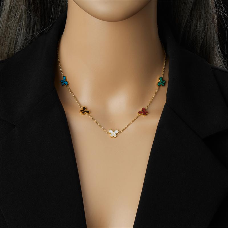 DIEYURO 316L Stainless Steel Colorful Shells Patterned Butterfly Necklace Earrings Bracelet Suit Girl New Trend Jewelry Gift Set