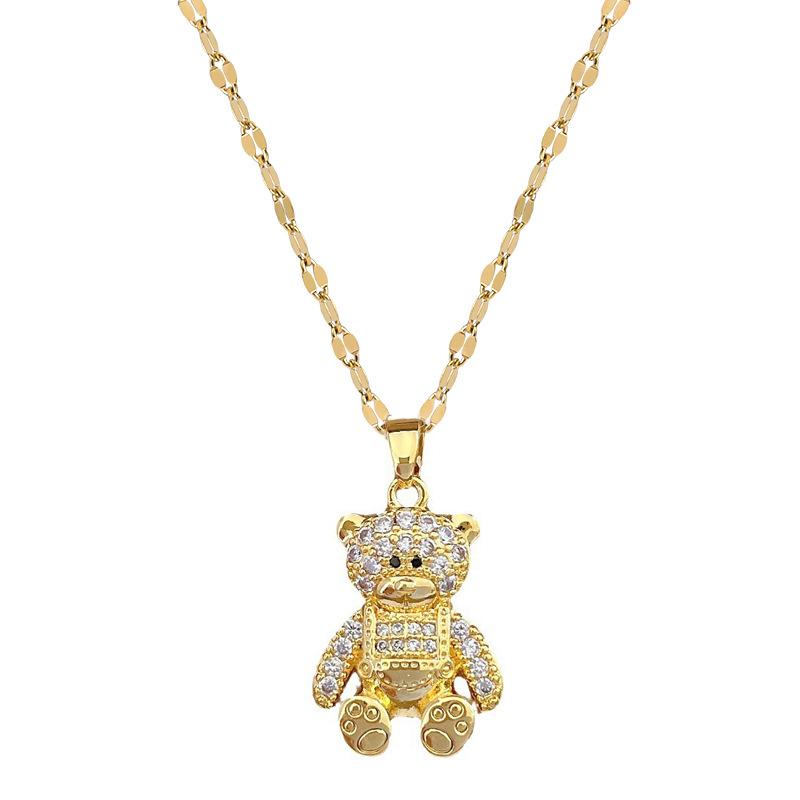 Light Luxury Temperament Gorgeous Full Diamond Heavy Industry Bear Necklace Female Versatile Collarbone Chain Titanium Steel Chain