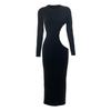 Sexy Elegantes Schwarzes Ausgeschnittenes Maxi-Kleid Damen Rundhalsausschnitt Hohe Taille Langarm Club Party Skinny Kleider