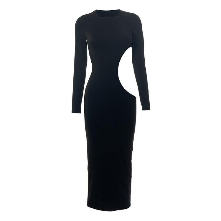 Sexy Elegantes Schwarzes Ausgeschnittenes Maxi-Kleid Damen Rundhalsausschnitt Hohe Taille Langarm Club Party Skinny Kleider