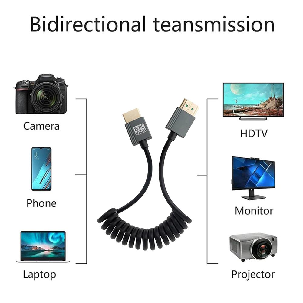8K HDMI-kompatibles zu HDMI-kompatibles Spiralkabel 48 Gbit/s Extrem dünnes HDMI-kompatibles 2.1 Kabel für Kamera/PC/Monitor