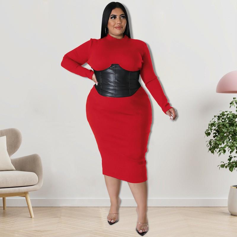 Plus Size Womens Knit Midi Dress With Zipper Detail Double-Layer Collar Long Sleeve Milk Silk Fabric Sweet Fresh Style