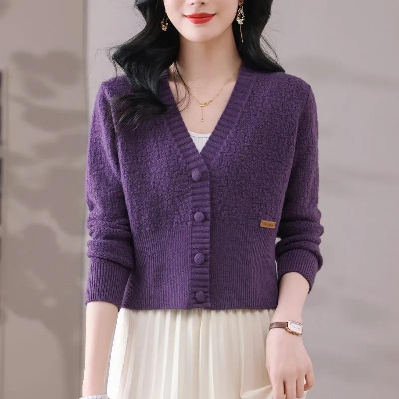 

Новый короткий вязаный кардиган с высокой талией на весну-осень, с юбкой, куртка-свитер, верхняя одежда для женщин S фиолетовый