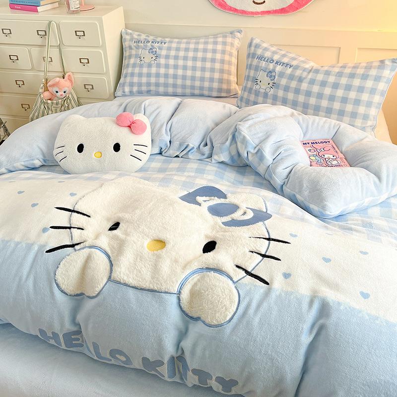 Cat Thickened Milk Fleece Four-Piece Set Cartoon Sticker Embroidered Fleece Quilt Cover Student Three-Piece Set