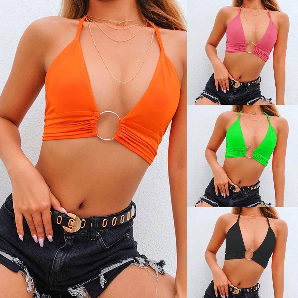 

Women Sexy Crop Backless Bandage Metal Ring Tank Bustier Top