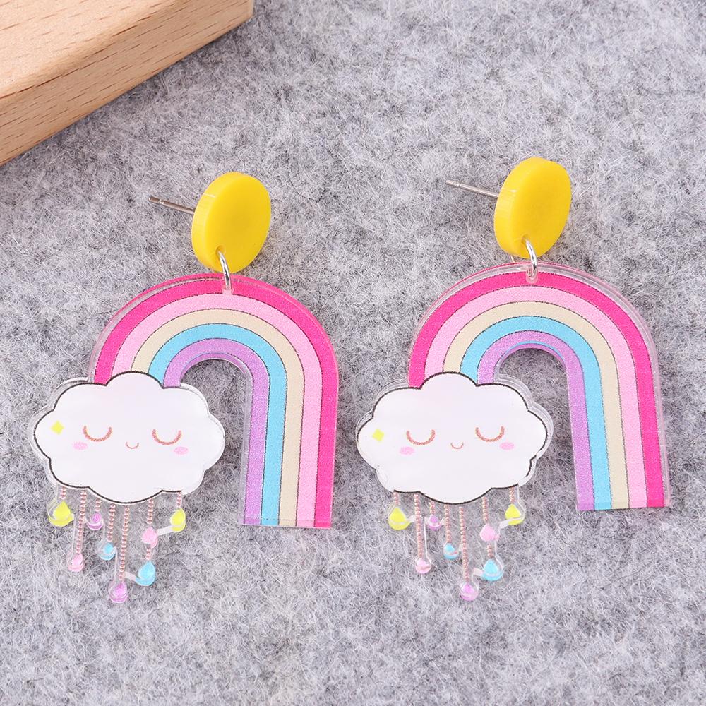 Cute Cartoon Clouds Rainbow Raindrop Acrylic Earrings for Women Creative Colorful White Cloud Lightning Moon Rain Transparent Dr