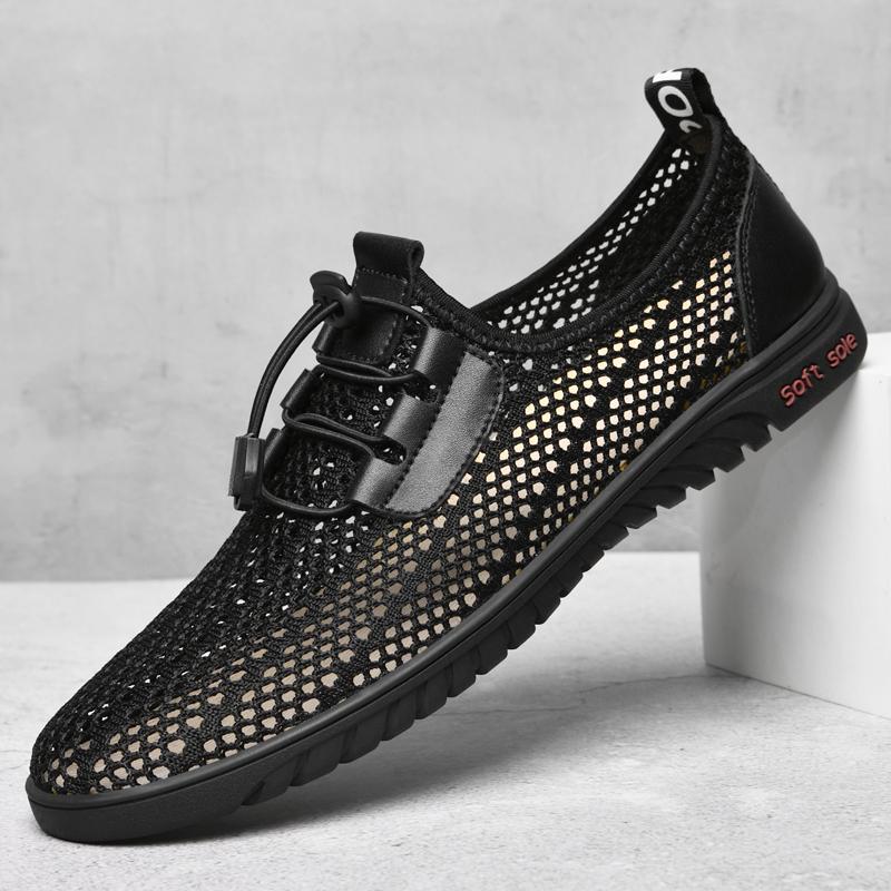 Fashion Men Casual Mesh Shoes Summer Breathable Outdoor Lightweight Hiking Trekking Genuine Leather Sneaker Fashion Soft Sole Low Shoes