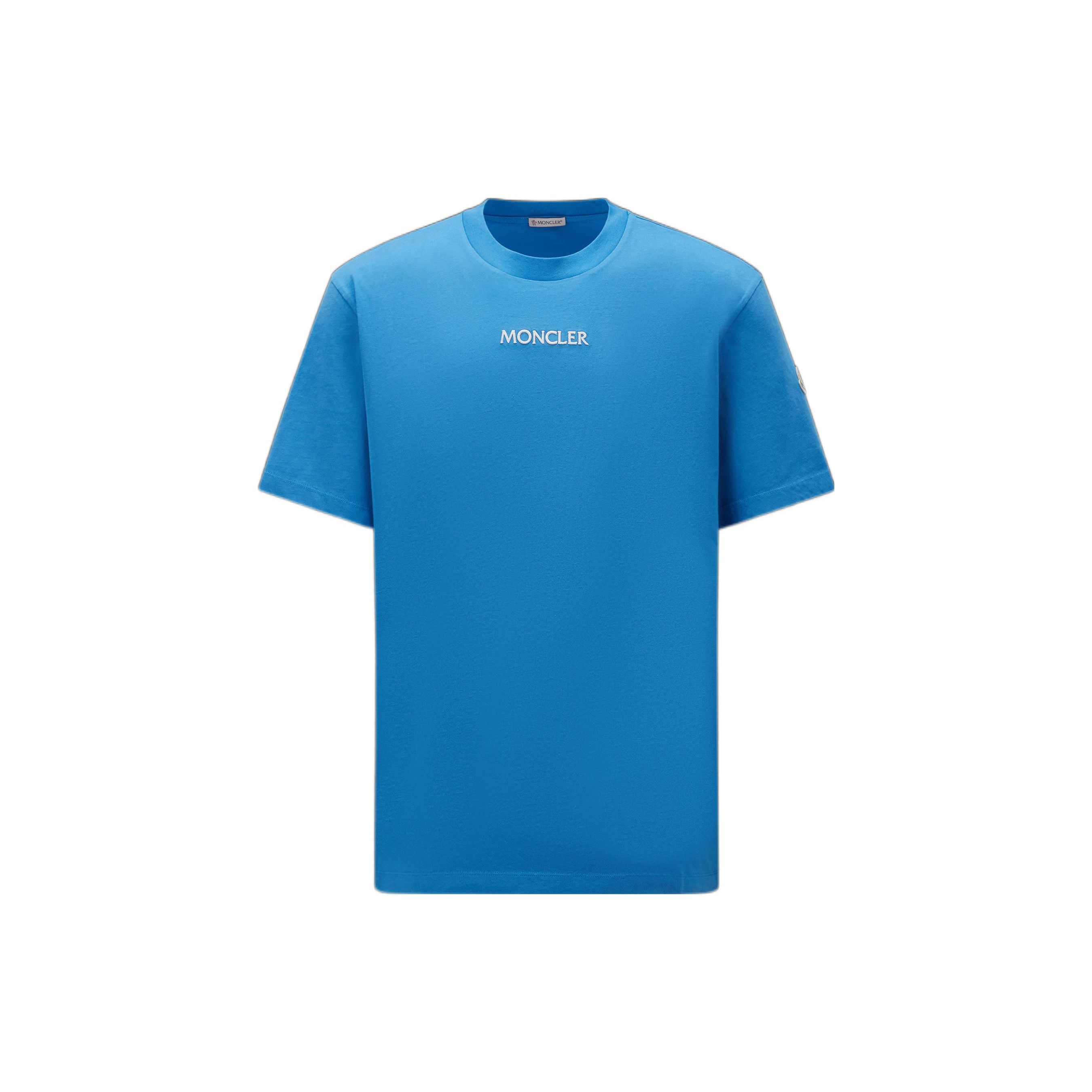 Moncler FW22 Crew Neck Pullover met Geborduurd Letterlogo Casual T-shirt met Korte Mouwen Heren Tops Blauw H20918C000328390T725 L blue
