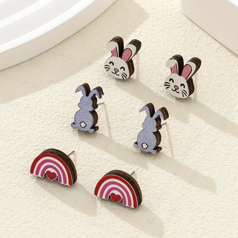 A pair of small and delicate wooden Easter bunny rainbow stud earrings, fashionable personality, literary and cute, high-end wood