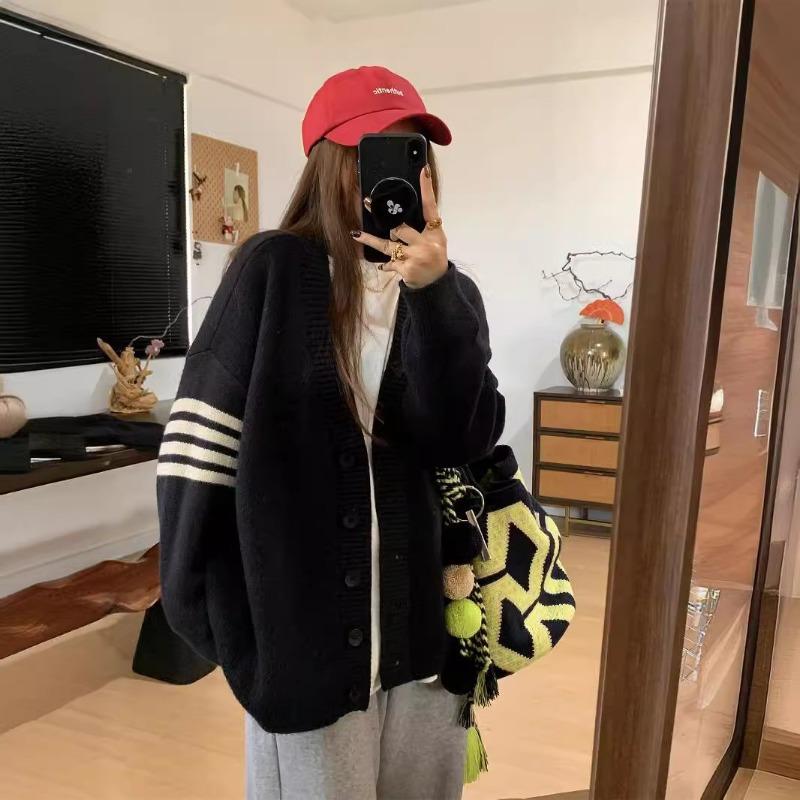 

Color matching striped v-neck knitted cardigan women s autumn and winter new lazy wind loose outer sweater jacket one size fits all