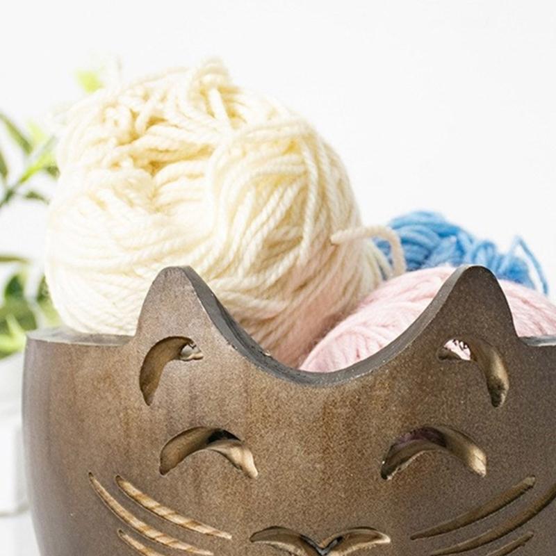 Wood Yarn Storage Bowl Wood Weaving Thread Bowl with Carved Holes Yarn Organiser for Crochet