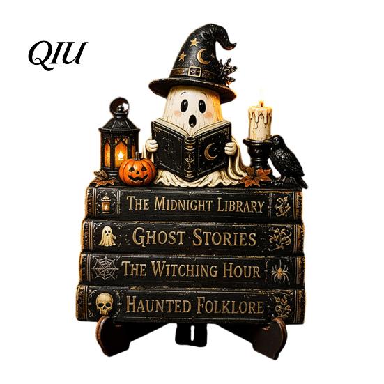 Halloween Party Tabletop Centerpieces Reading Ghost Figurine, Wooden Desktop Ornaments, Vintage Pumpkin Decor Statue with Stand for Home Fireplace