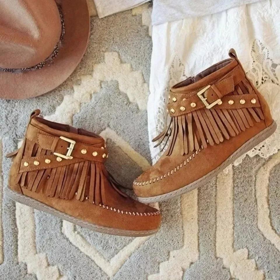 Fashion Vintage Women Boots Suede Ankle Boots Fringe Women Shoes Winter Boots Women Side Zipper Casual Shoes Round Toe Ladies Snow Boot