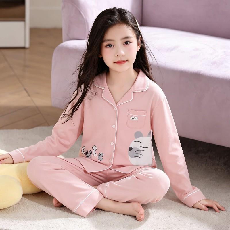 100% Cotton Girls Pajama Set Long Sleeve Cartoon Print Sleepwear Open Front Robe Style Fall