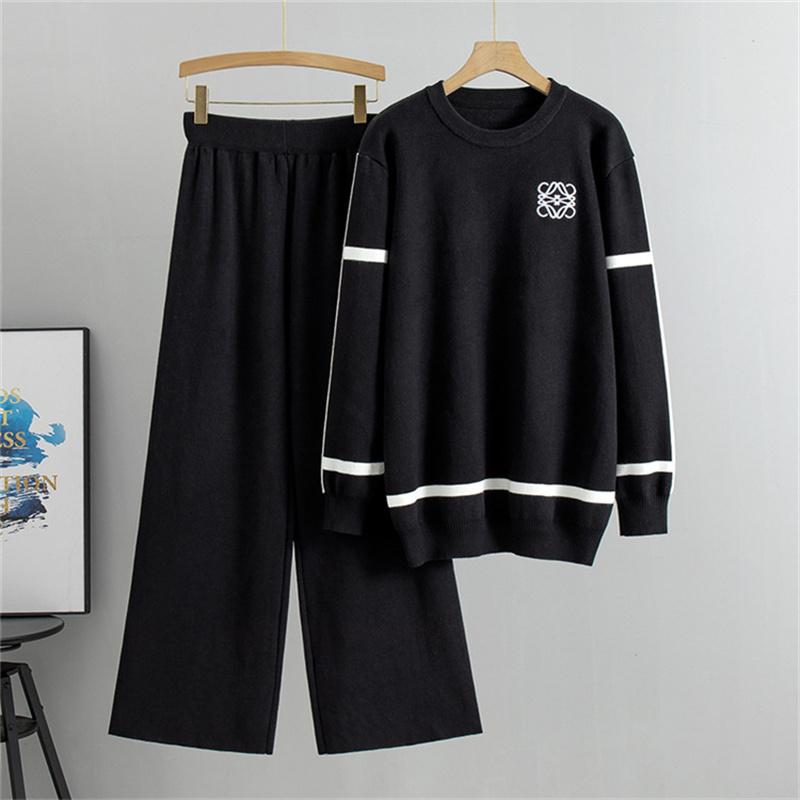 

Женский костюм в модном стиле весна-осень, контрастный вязаный топ, брюки широкого кроя, двойка, костюм-свитер One Size чёрный