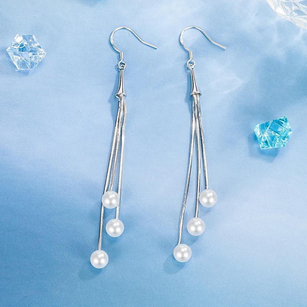 Tassel Sterling Pearl Drop Earrings for Women Silver Needle Long Dangle Hanging Earring Fashion Wedding Ear Gift