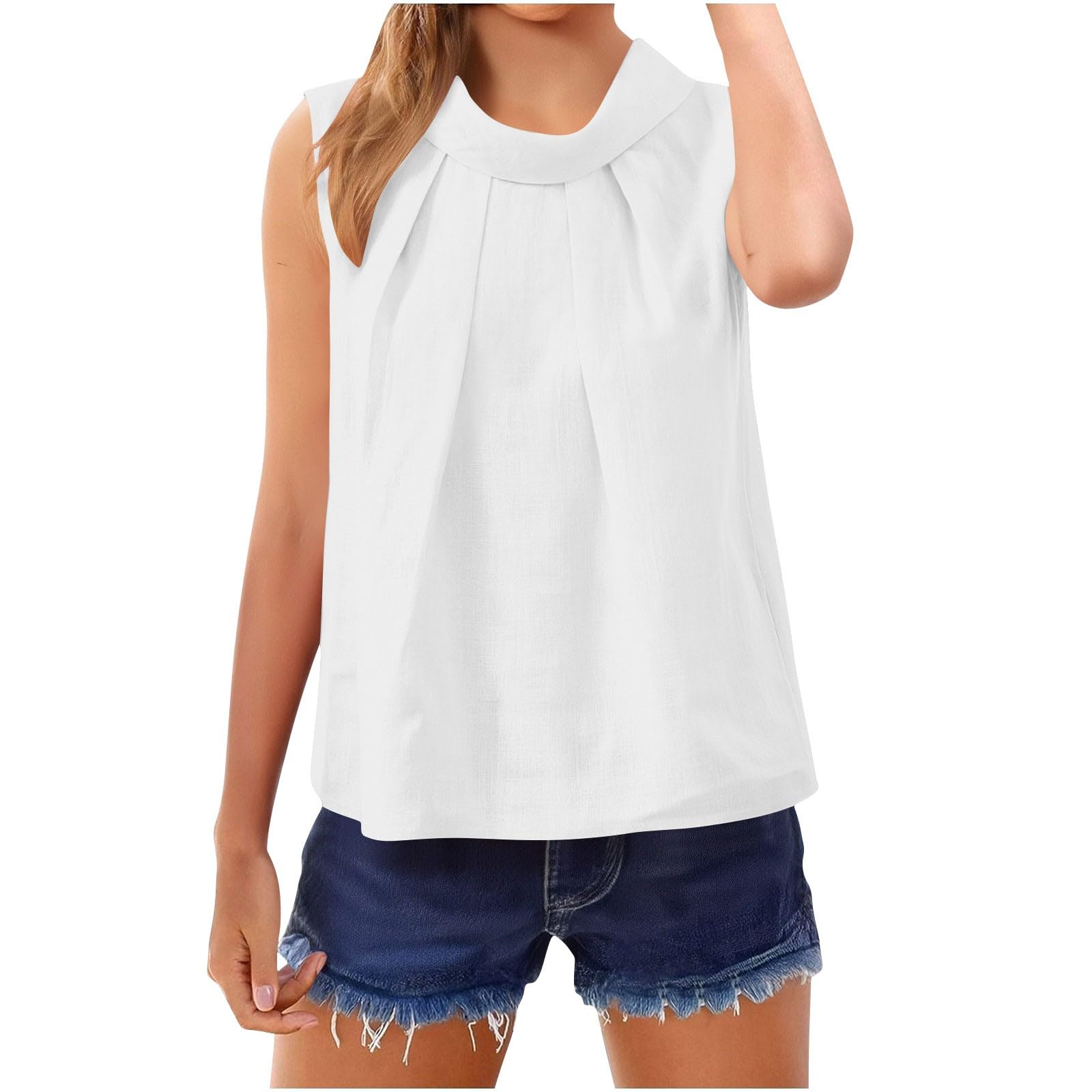 

Sleeveless Pleated Round Neck Blouse for Women Casual Loose Fit Summer Tank Top Lightweight Pullover Shirt XL білий