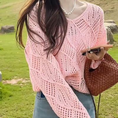 Hollow Knit Sweater for Women Korean Solid Color Diamond Grid Lazy Style Sweater Base Sunscreen Hoodie