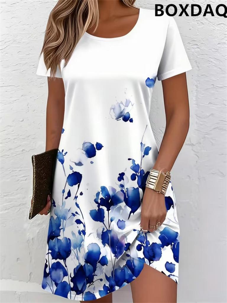 Women's Summer Dress Fashion Flower Pattern Printed Comfortable Women's Clothing Short Sleeve Round Neck Casual Loose Dress