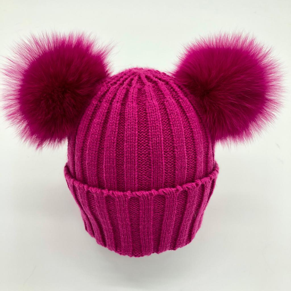 Custom Labels Double Pom Pom Baby Toddler Children Winter Beanie Knitted Hats With Fur Pompom
