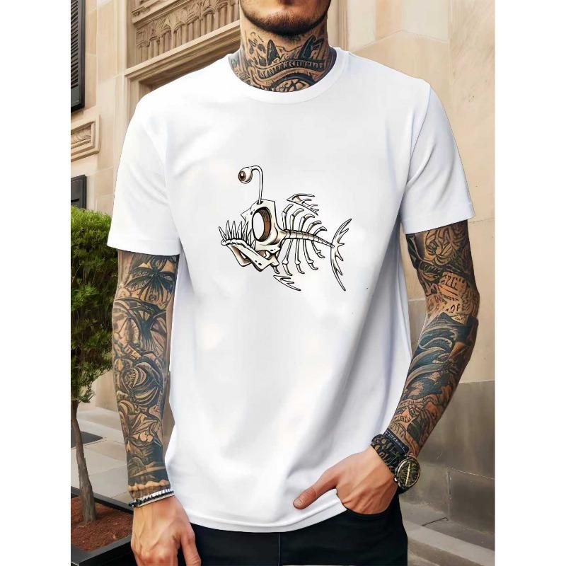 

European sizes Trendy Minimalist Men s T-Shirt with Monkfish Bone Print, Casual Versatile Pullover 4XL білий