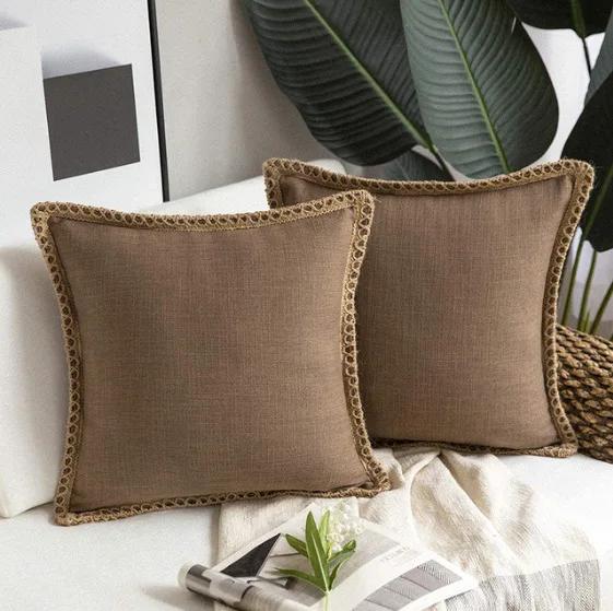 Solid Color Simple Comfortable Linen Striped Sofa Pillowcase Linen Ruffled Nordic Light Luxury Farmhouse Pillow Cushion Cover