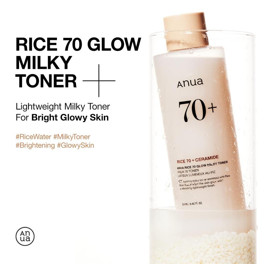 ANUA Rice 70 Glow Milky Toner 250ml - Moisturizing Toner, Skin Tone Care, Glowing Skin, Hydrating Toner, Suitable for Dry and Combination Skin, Skinca