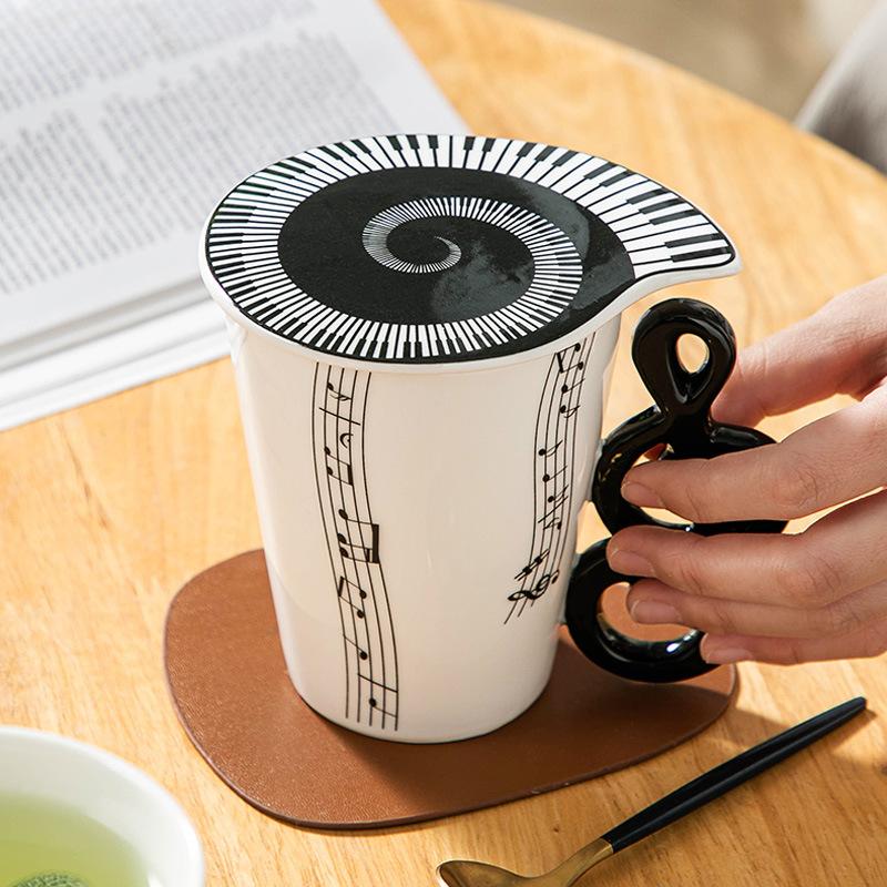 High Music Note Creative Music Ceramic Cover Cup Water Cup Large Capacity 400Ml Design Sense Coffee Cup
