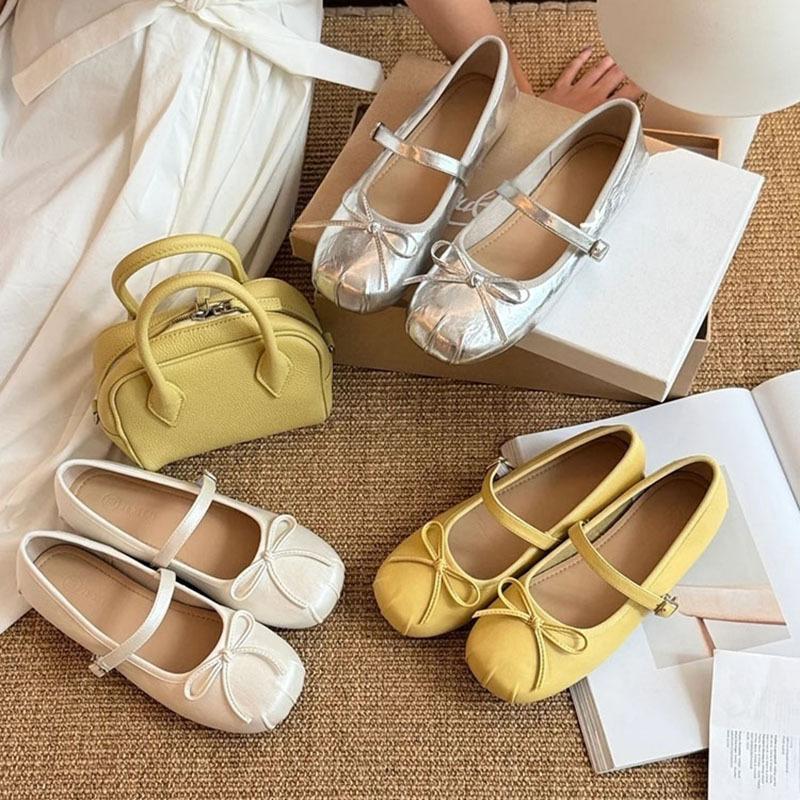Silberne Mary Janes mit eckiger Spitze, Schleife und Ballerinas für Damen, neu für 2025