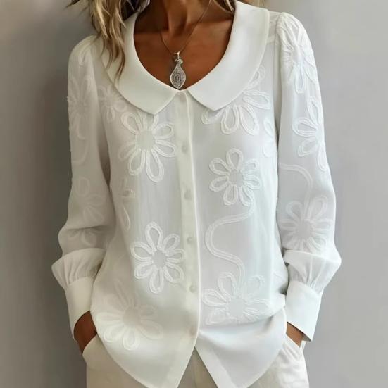 Women Shirt Loose Fit Doll Collar Long Sleeve Buttons Placket Shirt Tops Embroidery Flower Jacquard Pattern Loose Fit Shirt