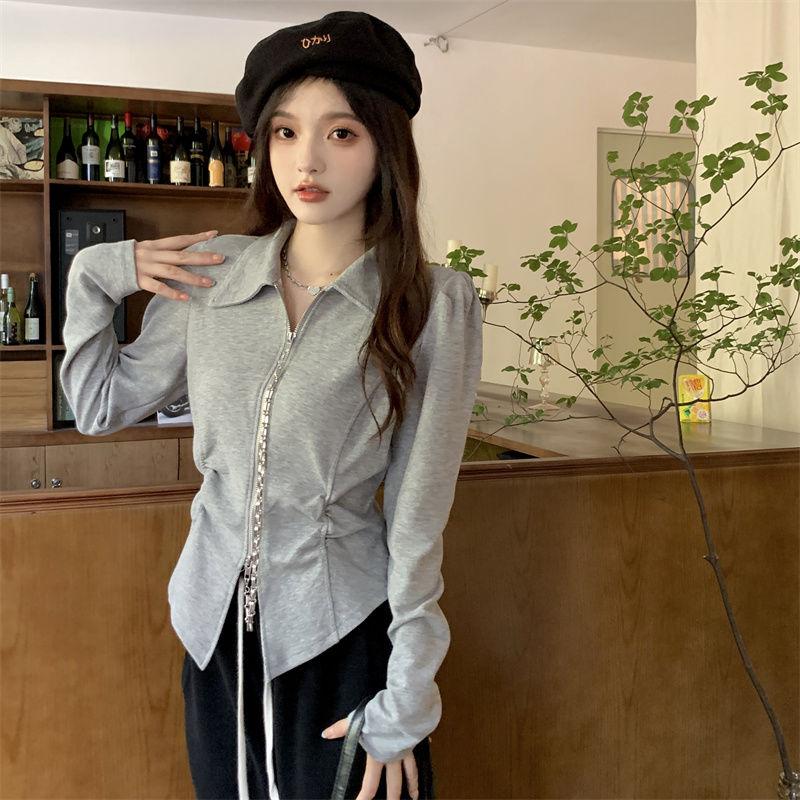 POLO Neck Pleated Slim Top Women's French Solid Casual Irregular Tops Vintage Harajuku Korean Y2k Top Spring and Summer