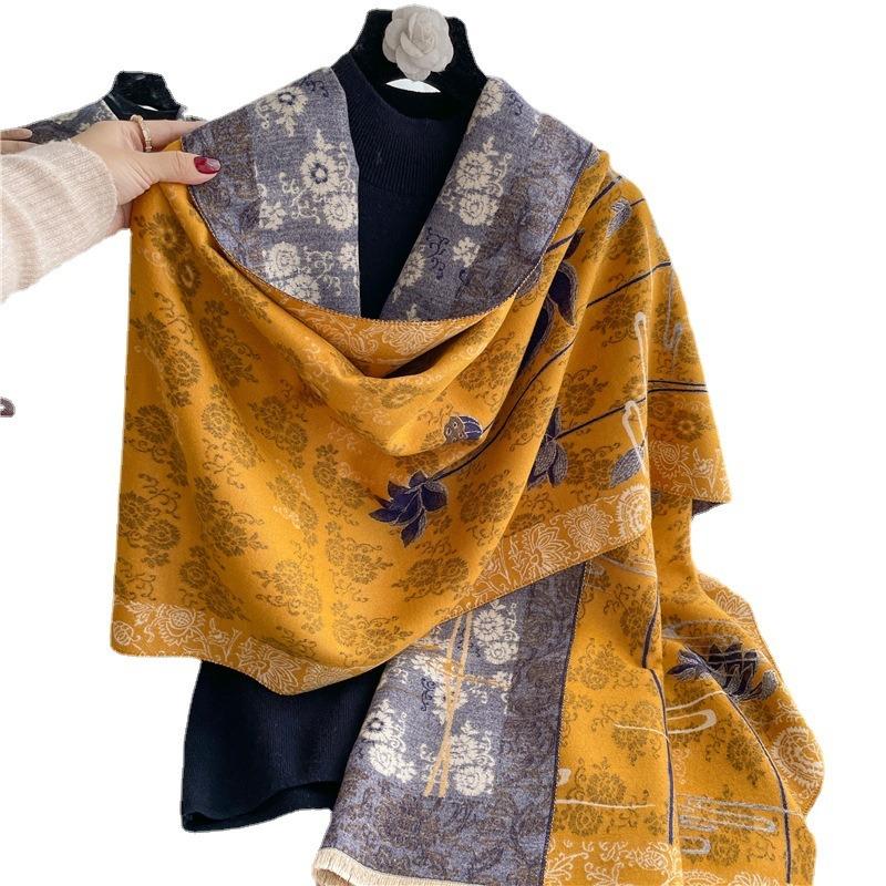 Scarf women's autumn and winter flower porcelain pattern warm thickened double-sided imitation cashmere air conditioner shawl mother scarf