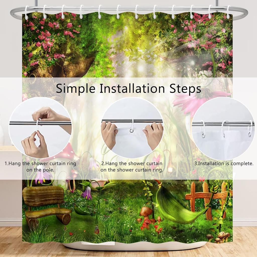 Renaiss 72X72 Inch Enchanted Forest Shower Curtain Fairy Tale Magic Mushroom Trees Flowers Fairytale Wonderland Jungle Shower Cu