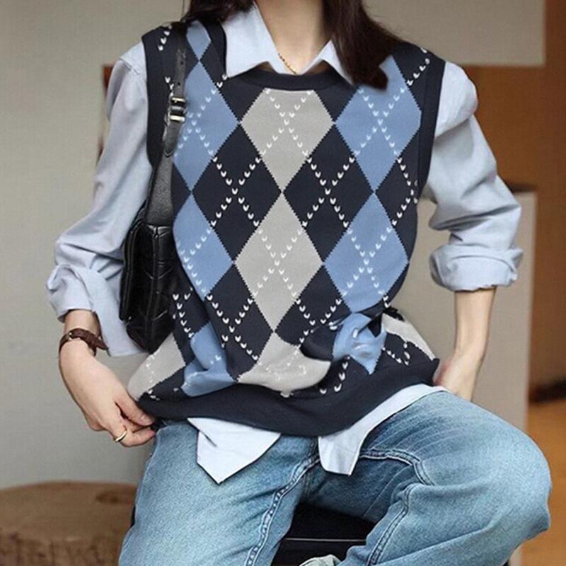 

ZANZEA Жіночі осінні жилети з круглим вирізом без рукавів у клітку з діамантами 3XL