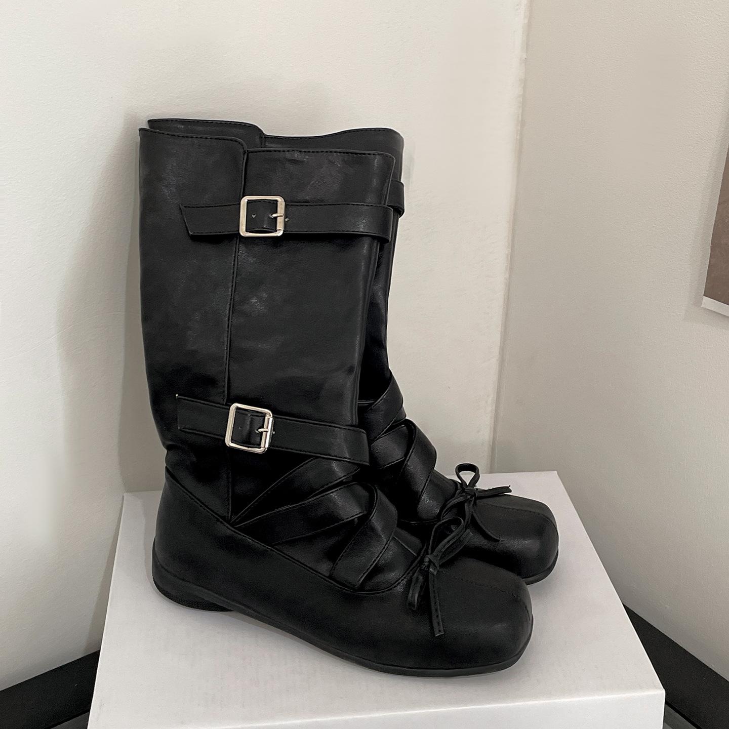 

Vintage black British platform boots women s medium boots 2025 new autumn maillard style thin knight boots 35 чёрный