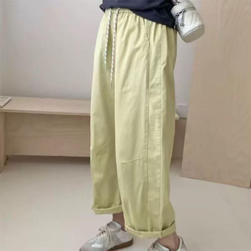 Women Spring Elastic Waist Drawstring Cropped Pants Casual Trousers M жёлтый