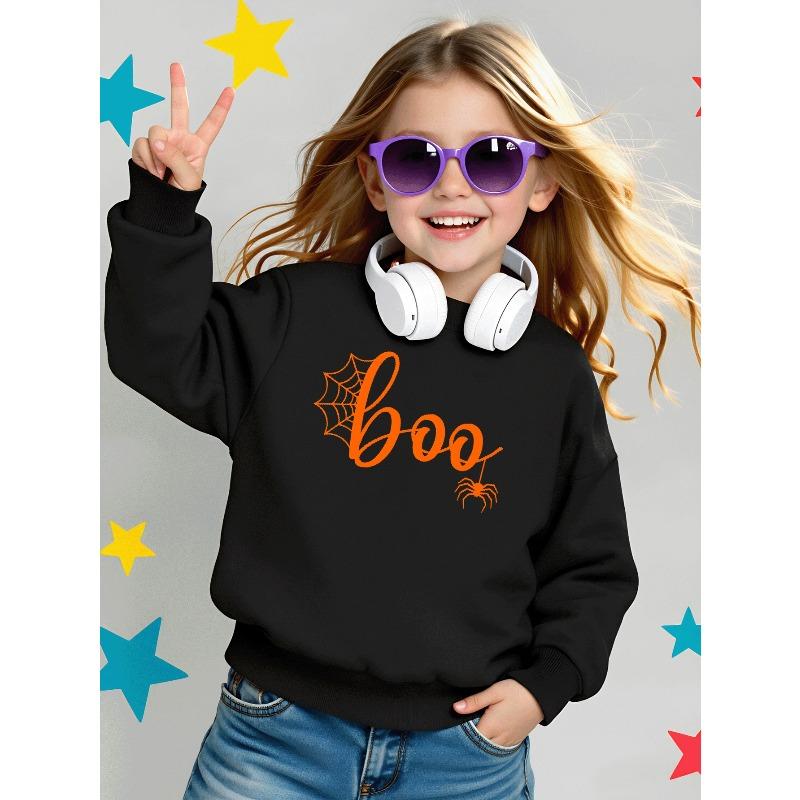 Boo Spider Web Halloween Design 2026 New Girls' Long-sleeve Casual Crewneck Sweatshirt, Suitable for Outdoor Sports and