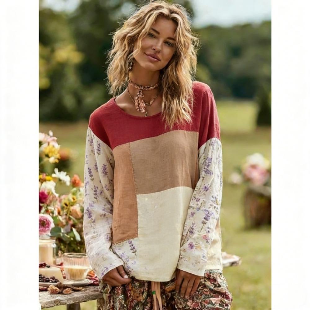 Mode Europe Amérique T-shirt Femme Pull Style Bohème T-shirt Manches Longues Femme Hauts Décontractés d'Extérieur